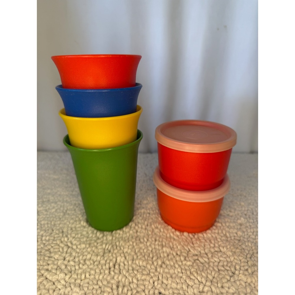 Vintage Tupperware Bell Tumblers and Midget Containers Set Primary Colors 6pc